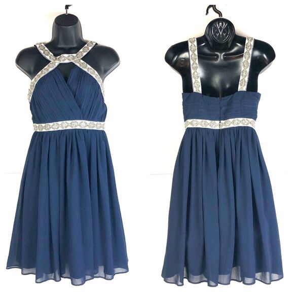 MINUET ModCloth Navy Blue Chiffon Jewel Beaded Cutout Mini Dress Size Small - Picture 1 of 6